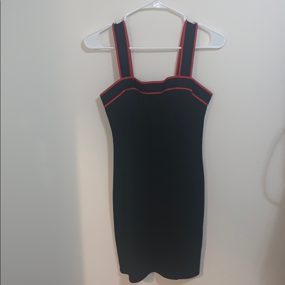 tight black dress with red/black straps